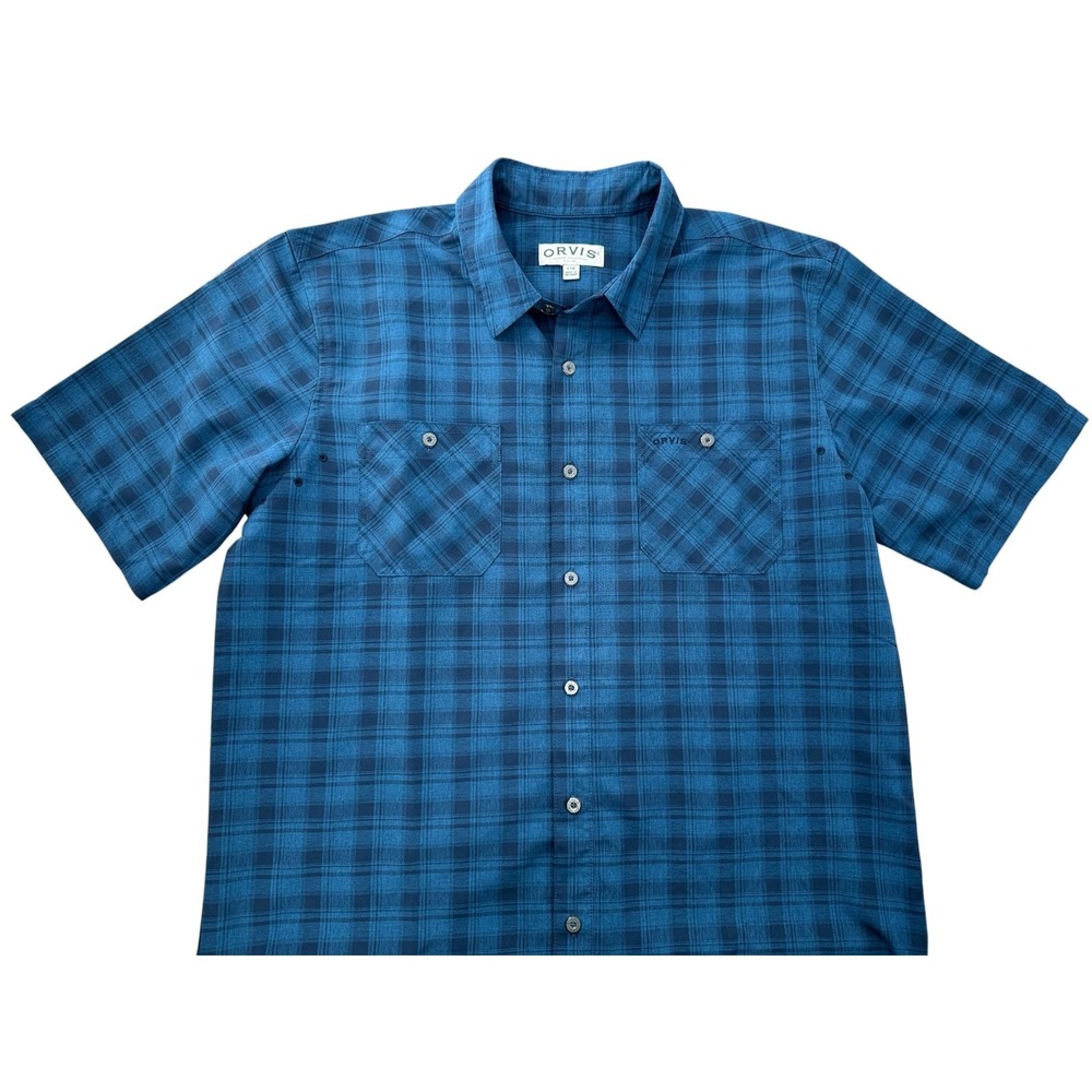 ORVIS Blue Plaid Button Front Short Sleeve Performance Shirt Men's Large Outdoor